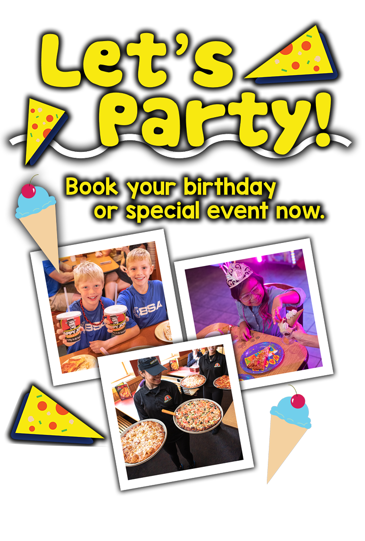 Let's Party Graphic with images of pizzas, parties and icons.